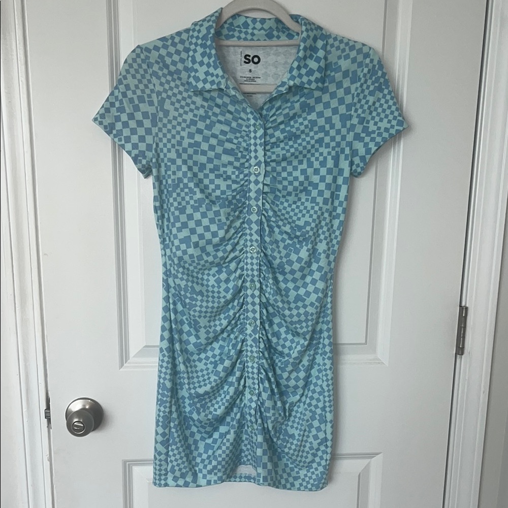 Blue Checkered Button-Up Dress